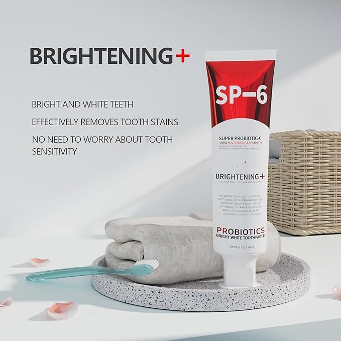 SP-6 Probiotic Whitening Toothpaste - Enhanced Formula with 6 Probiotics for Teeth Whitening, Fresh Breath & Gum Health - Enamel Protection, Fluoride-Free, Fresh Mint Flavor, 4.9 oz (2)