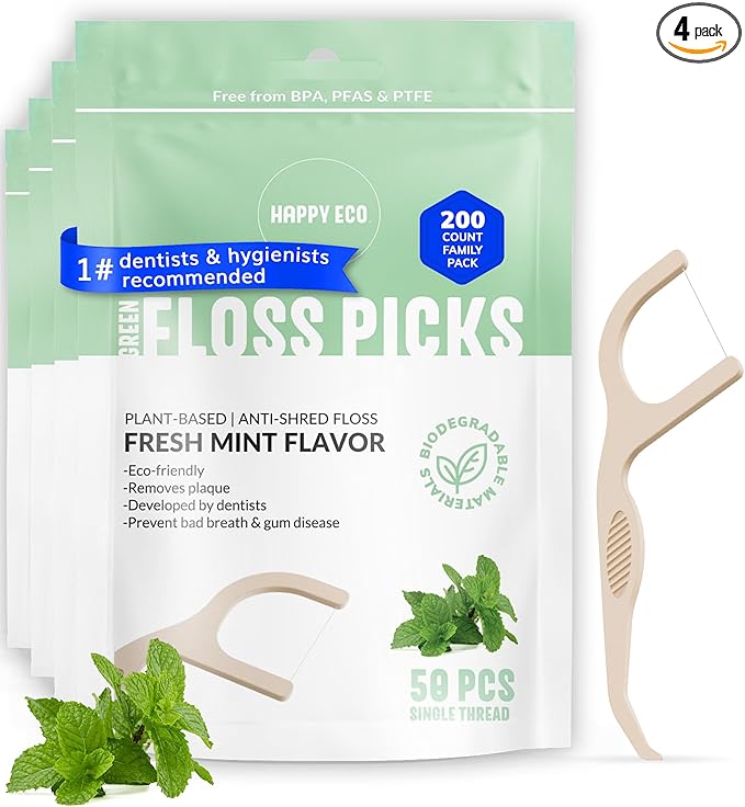 Floss Picks Biodegradable (200pcs) - Natural Dental Floss Picks, Vegan, Sustainable, Reusable, Shred Resistant and Nontoxic Plant-Based Material - Single Thread Mint