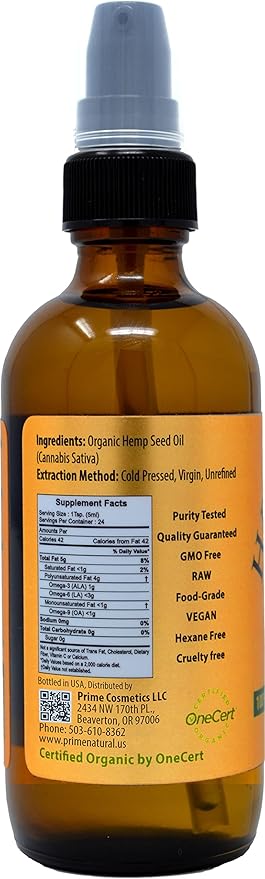 PRIME NATURAL Organic Hemp Seed Oil 4oz - USDA Certified - Sativa Oil - Pure, Cold Pressed, Virgin, Unrefined, Vegan, Food Grade - High Omega 3 6 9 Fatty Acids - Good for Face, Body, Skin & Hair Care