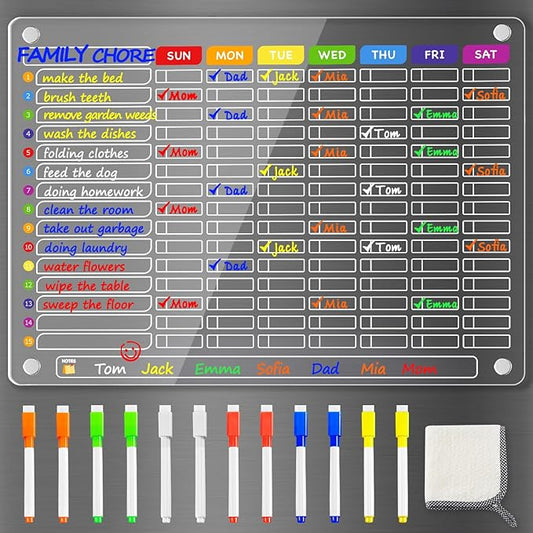 PigPotParty Acrylic Magnetic Chore Chart for Family & Multiple Kids – 16"x12" Large Dry Erase Chore Board for Fridge, Daily & Weekly Responsibility Chart for Adults, Includes 12 Markers & 1 Towel