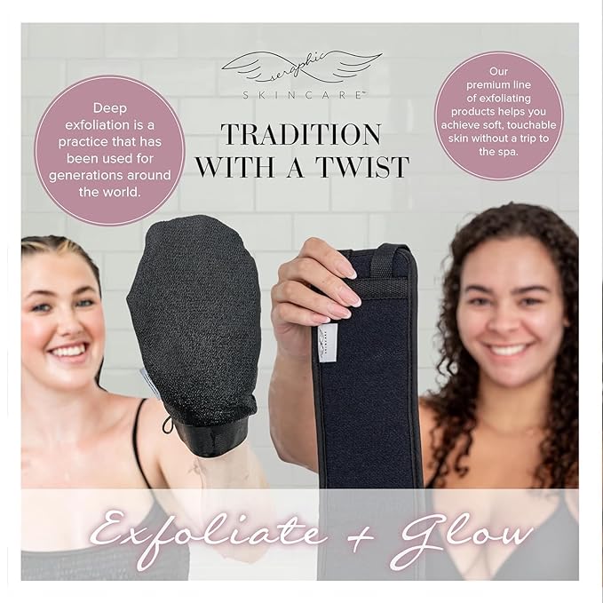Seraphic Skincare (Original) Premium Exfoliating Mitt for Body (1pc) & Back Exfoliator – Body Exfoliator for Self-Tan Removal – Dual-Sided Back Scrubber for Deep Exfoliation & Cleansing