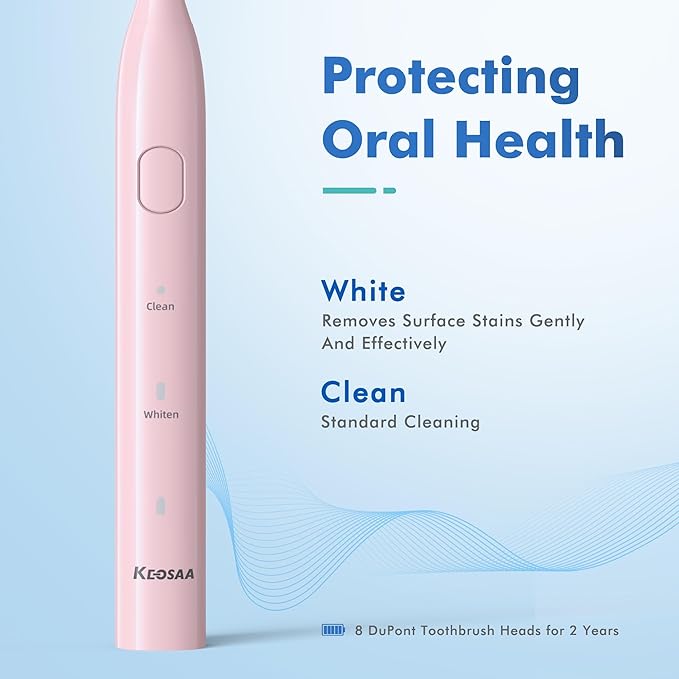 Pink Electric Toothbrush with 8 Brush Heads, Sonic Toothbrush with Fast Charge 4 Hours Last 60 Days, 2-Min & 30s Smart Timer, IPX7 Waterproof(Pink)