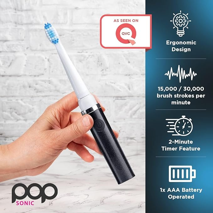 2-Pack Pop Sonic Electric Toothbrush (Metallic Rose & Black) - Travel Toothbrushes w/AAA Battery | Kids Electric Toothbrushes with 2 Speed & 15,000-30,000 Strokes/Minute, Dupont Nylon Bristles