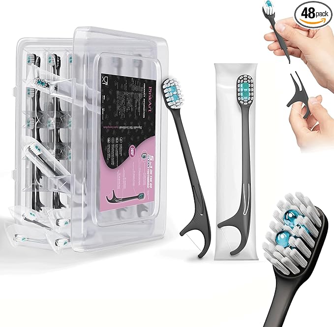 Pinkart 5 in 1 Disposable Toothbrushes with Toothpaste – Individually Wrapped Mini Travel Toothbrushes with Prepasted Toothpaste, Mouthwash Beads, Floss & Tongue Scraper | to-Go Oral Care (48 Count)