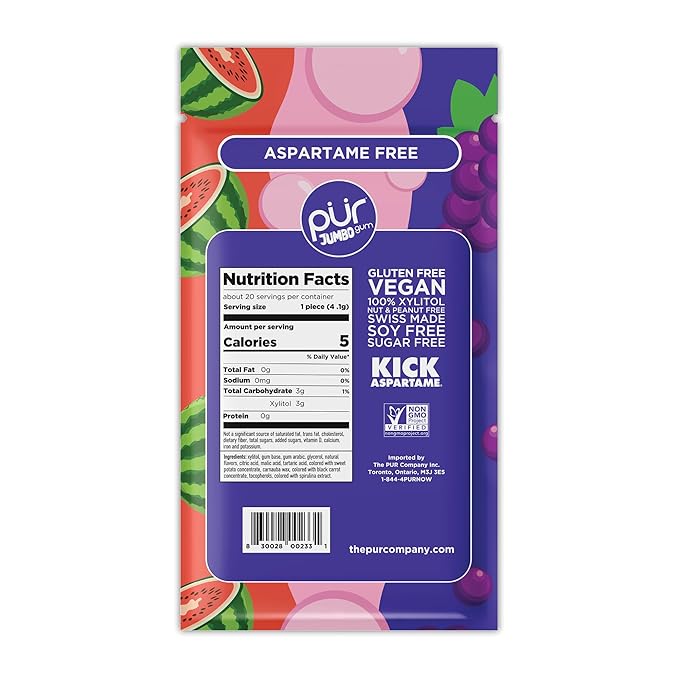 PUR Jumbo Gum | Aspartame Free Chewing Gum | 100% Xylitol | Natural Bubblegum, Grape, Watermelon Flavor, 20 Pieces (Pack of 10)