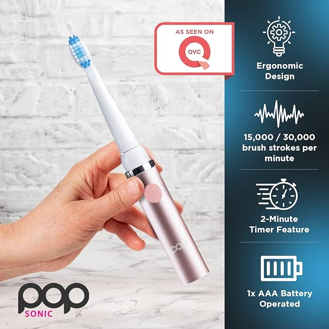 2-Pack Pop Sonic Electric Toothbrush (Metallic Rose) - Travel Toothbrushes w/AAA Battery | Kids Electric Toothbrushes with 2 Speed & 15,000-30,000 Strokes/Minute, Dupont Nylon Bristles