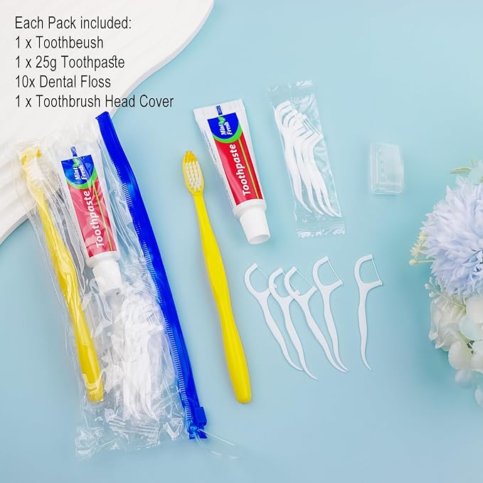 100 pcs Disposable Toothbrushes with Toothpaste and Floss Set,Yellow Individually Wrapped Bulk Single Use Toothbrush Floss Cover Travel Toothbrushes Kit with Zip Bag for Homeless,Hotel,Guest