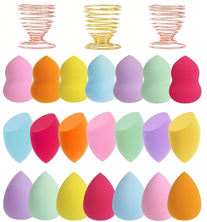 24pcs Makeup Sponge Blender Set - 21 Pcs Latex-Free Vegan Sponges with 3 Pcs Makeup Blender Holder, Beauty Cosmetic Foundation Blending Powder Puff for Liquid Powers BB Cream (Style 1)