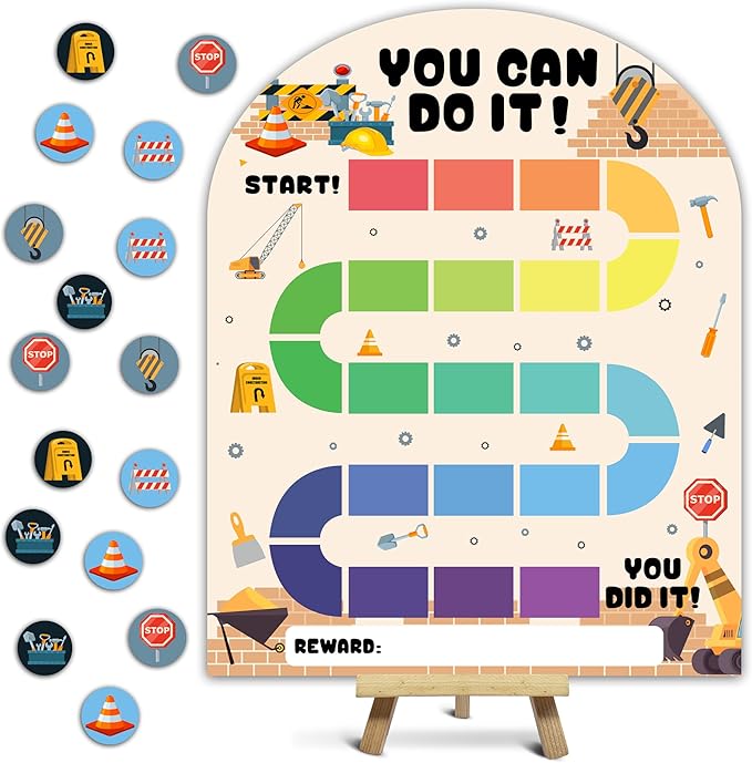 Construction Reward Chart, Behavior Chart for Kids at Home, Wooden Incentive Chart Signboard with 24 Tokens, Dump Truck Themed Sticker Charts Classroom Essentials -05
