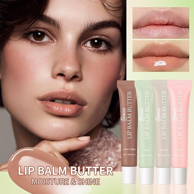 Summer Lip Glossy Butter Lip Balm, Lip Gloss Set, Soothing Lip Skincare, Instant Moisture, Lightweight, Nourish, Hydrate, Moisturizing Tint, Non-Sticky, Long-lasting (Iced Coffee, Large)