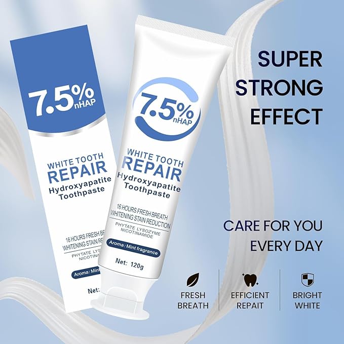 2pcs 7.5% Hydroxyapatite Toothpastes for Enamel Protection and Tooth Strengthening, 7.5% Nano Hydroxyapatite Toothpaste White Tooth Repair, Fluoride-Free, Gentle Mint, Fresh Breath