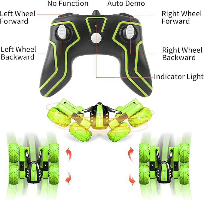 Remote Control Car for Kids 6-12 Years Old, Birthday Gift Toy for Boys Age 6 7 8+, RC Car Stunt with Light 4WD Double Side Racing Vehicle 360° Flips Offroad Indoor Outdoor Sand Grass Garden Green