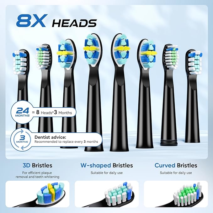 YUNCHI Electric Toothbrush for Adults, Battery Toothbrush, Rechargeable Sonic Electric Tooth Brush with 8 Brush Heads, 5 Modes & 2 Minutes Smart Timer, IPX7 Waterproof, One Charge for 30 Days, Black