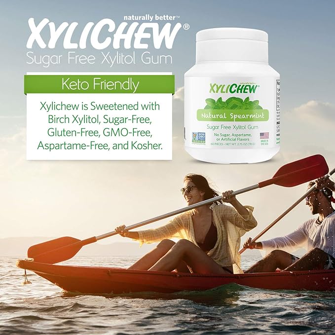 Xylichew 100% Xylitol Chewing Gum - Non GMO, Non Aspartame, Gluten Free, and Sugar Free Gum - Natural Oral Care, Relieves Bad Breath and Dry Mouth - Spearmint, 60 Count