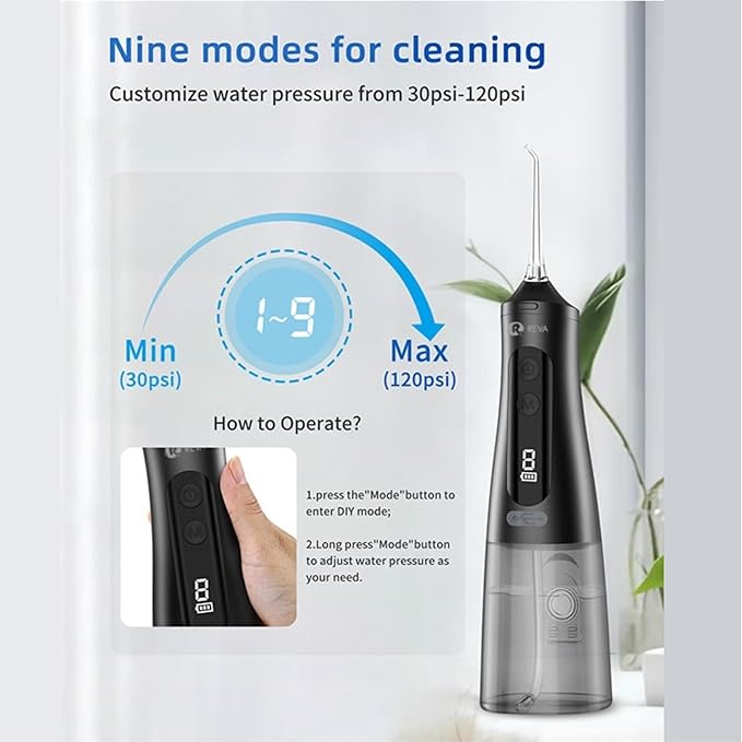 Professional Water Dental Flosser for Teeth & Braces - 9 Modes Cordless Oral Irrigator, 350ML Large Reservoir, 360° Nozzle, IPX7 Waterproof, Rechargeable, Dental Floss Tool (M131 - Black)
