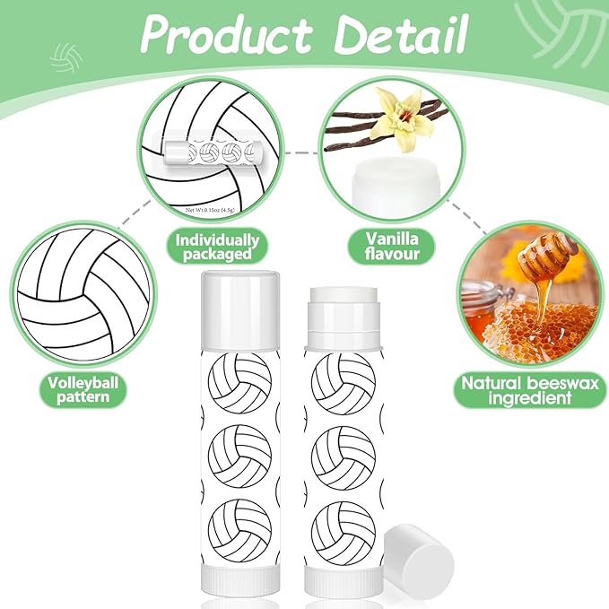 12 Pack Volleyball Lip Balm for Volleyball Theme Party Bulk Gifts,Beeswax Moisturizing Lip balm,Vanilla Flavor Plumping Chapstick for Volleyball Cheerleader Team Girls kids Men Women Sports Lovers