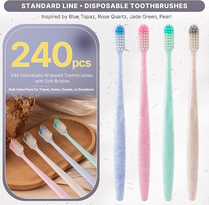 240-Pack Disposable Toothbrushes Individually Wrapped, Soft Bristle Bulk Travel Toothbrush for Adults, Kids, Guest, Hotel, Home, Camping, Donation – 4 Colors, Mini Manual Value Pack