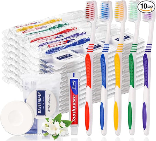 10 Set Disposable Toothbrushes with Toothpaste and Soap Individually Wrapped, 10 pcs Toothbrushes, 5 Colors with 10pcs Bar Soap(0.5 oz)