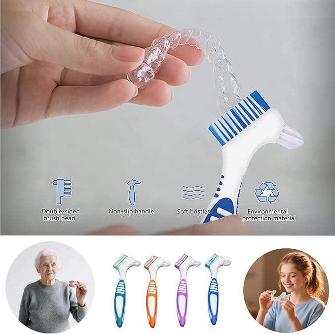 2Pcs Denture Brush Dual Head Toothbrushes False Teeth Brush Denture Cleaning Kit Toothbrush(Purple Green)