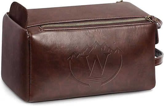 Personalized Toiletry Bag for Men,Initial Mens Toiletry Bags for Traveling,Men Travel Toiletries Bag,PU Leather Shaving Bag for Toiletries Accessories kit,Dark Brown W