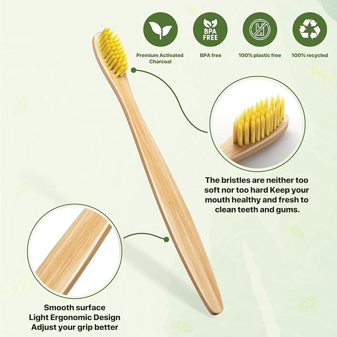 10 Color Soft Bristles Natural Bamboo Toothbrushes Set, Premium BPA Free for Best Clean, Eco-Friendly, Plastic-Free, Vegan, Biodegradable & Compostable Charcoal Wooden