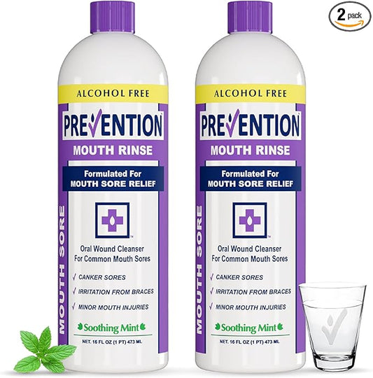 Prevention Mouth Sore Mouth Rinse, Canker Sore Treatment, Oral Pain Relief Mouthwash for Ulcers and Sores, Braces, with Hydrogen Peroxide, Alcohol-Free, Fluoride Free, 16 oz, Soothing Mint, 2 Pack