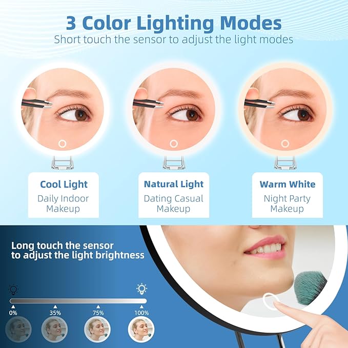 Rechargeable 6" Lighted 10x Magnifying Mirror with Suction Cups & Table Stand