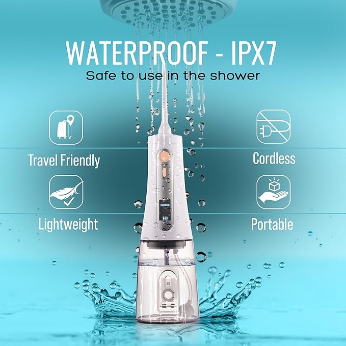 Portable Water Flosser – Cordless Oral Irrigator for Teeth Cleaning | 8 Jet Tips and 5 Modes | Travel and Home Use | Rechargeable and IPX7 Waterproof – White