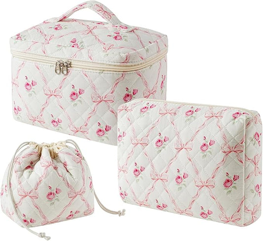 3Pcs Aesthetic Cotton Quilted Drawstring Makeup Bag Set, Aesthetic Cute Bow Makeup Pouch for Girls and Women, Aesthetic Travel Organized Cosmetic Bags for Purse(02Pink Flower Bow)