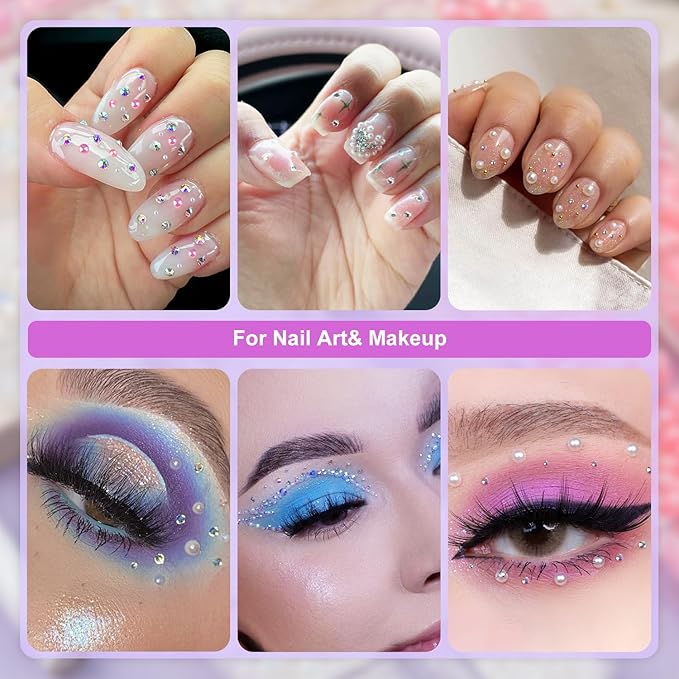 3 Boxes Flat Back Pearls&Rhinestone Kit 10 Flatback White&Peach Half Round Pearls+Resin Gems 2-8mm with Pickup Pencil and Tweezer for Home DIY and Professional Nail Art, Face Makeup and Craft