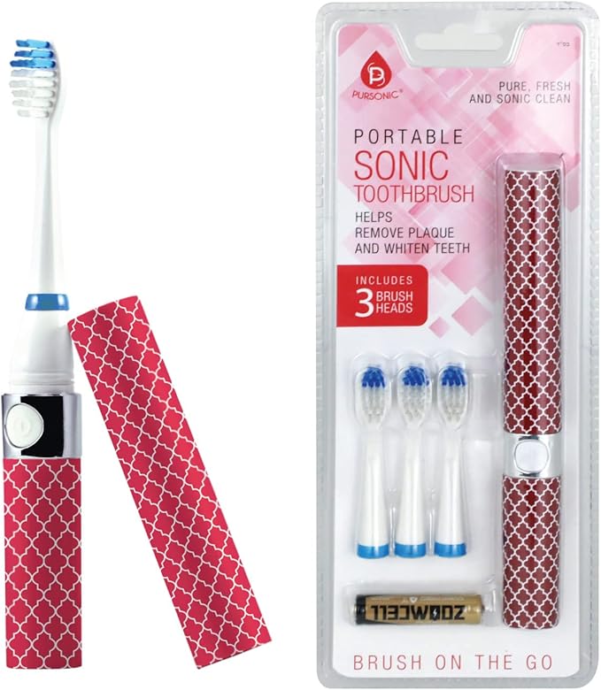 Pursonic Portable Sonic Toothbrush Battery Operated, Battery Included, 3 Brush Heads Included, 22,000 Strokes Per Minute, Brush On The Go (Pink)