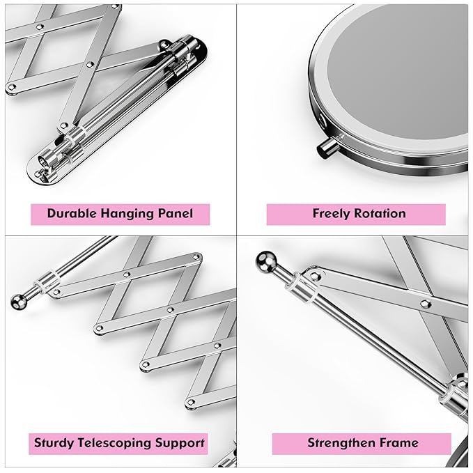 Rechargeable Wall Mounted Makeup Mirror - 8 Inch Double Sided 1X/20X Magnifying Mirror with 3 Color Lights Dimmable Touch Screen, 360°Swivel 19.6 Inch Extendable Accordion Bathroom Mirror