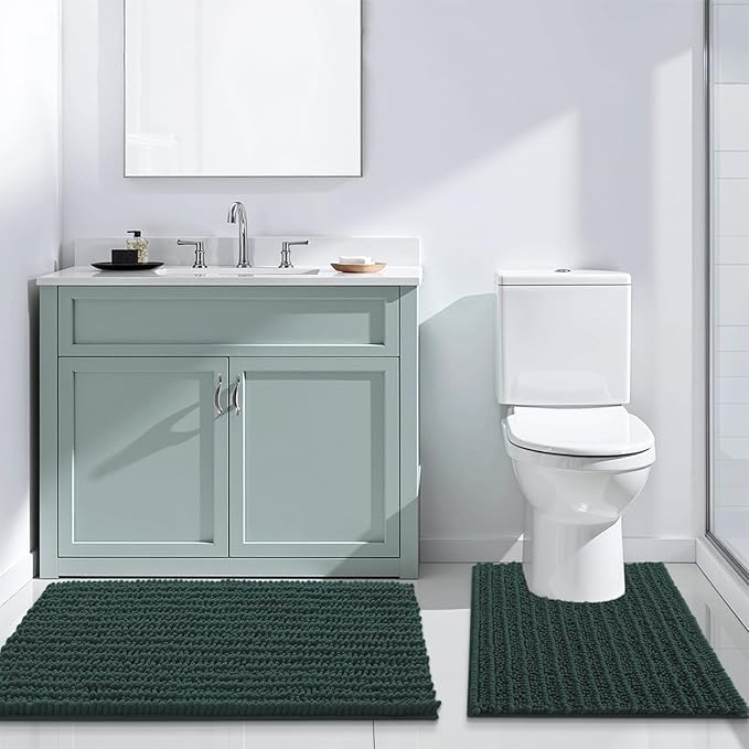 Arotive Luxury Chenille Bathroom Rug Mat, Extra Soft Thick Absorbent Shaggy Bath Rugs, Non-Slip Machine Wash Dry, Plush Bath Mats for Bathroom, Shower and Tub, 60x20, Dark Green