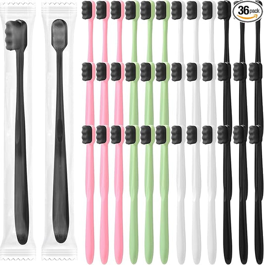 Pinkunn 36 Pcs Soft Bristle Toothbrush Micro Nano Manual Toothbrush with 20, 000 Bristles for Sensitive Gums Adult Family, 4 Colors(Black Bristles)