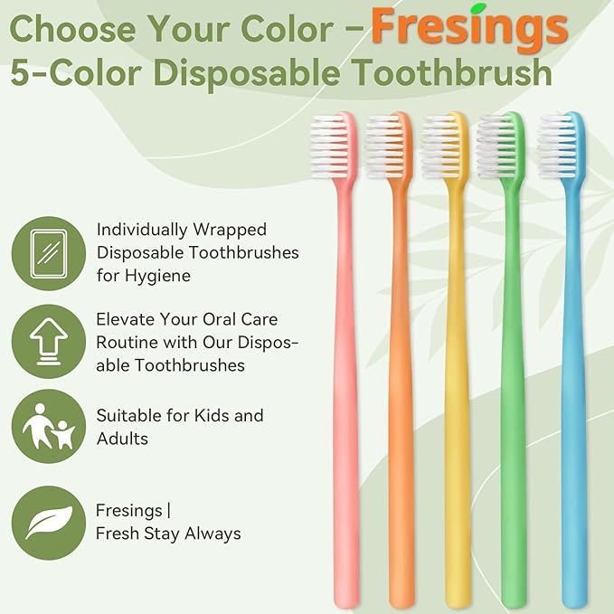 200 Pack Disposable Toothbrushes Bulk – Individually Wrapped Soft Bristles Single Use for Adults & Kids, Travel Hotel Guest Dental Office Donation Emergency Hygiene,Minimalist Design 5 Colors