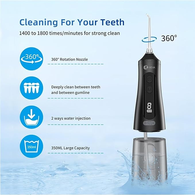 Professional Water Dental Flosser for Teeth & Braces - 9 Modes Cordless Oral Irrigator, 350ML Large Reservoir, 360° Nozzle, IPX7 Waterproof, Rechargeable, Dental Floss Tool (M131 - Black)