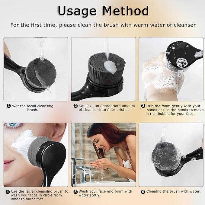 2 Pack Soft Bristle Facial Cleansing Brush for Deep Pore Cleaning, Face Exfoliating Scrub Brush for Face Cleansing Skincare Massaging (Black)