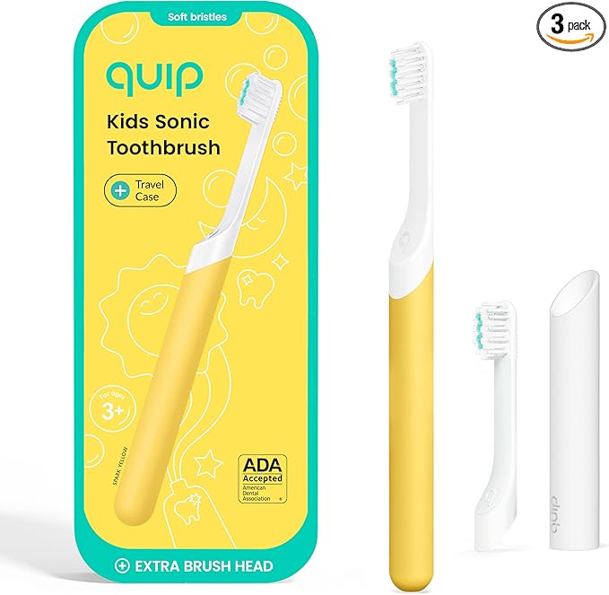 Quip Kids Electric Toothbrush, Battery-Powered Sonic, Yellow, with 2-Min Timer, Extra Head and Travel Cover