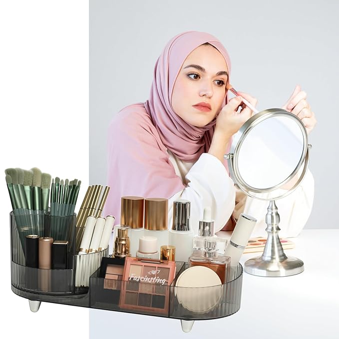 360° Rotating Makeup Organizer for Vanity - Large Capacity Cosmetic Display Case Countertop Cosmetic Storage Holder with Makeup Brush Holders （Gray）