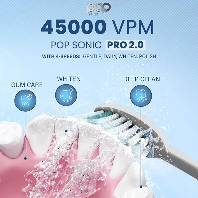 Pop Sonic Pro 2.0 Toothbrush (White) + Bonus Pack | Rechargeable Toothbrush Up to 45,000 Vibrations Per Minute