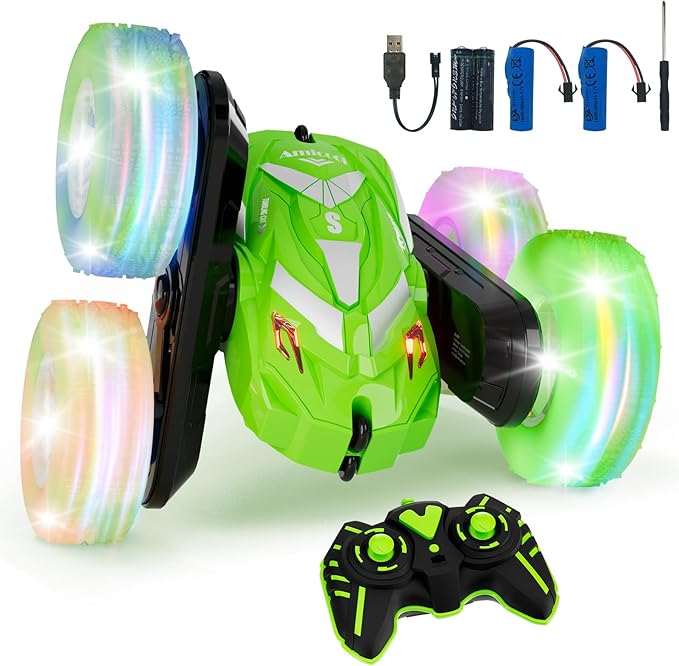 Remote Control Car for Boy 6-12 with Flashing Light, 6 7 8 9 Years Old Boy Toys, Race RC Cars Stunt Drift 4WD 2.4Ghz Double Sided 360° Flip, Boys Gift Idea for Kids Birthday Christmas, Green