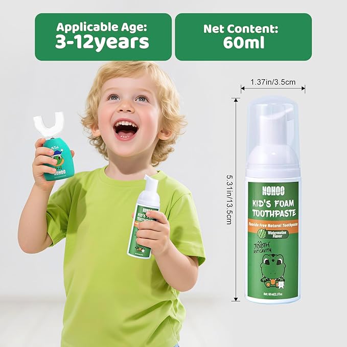 NOHOO Fluoride Free Foam Toothpaste Kids Watermelon,Natural Training Toothpaste for Baby Toddler Children Oral Cleaning and Cavity Protection(2 Pack)