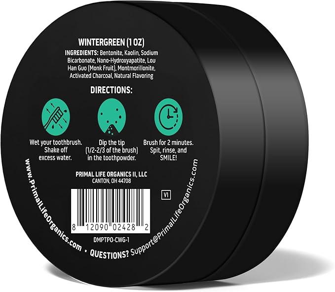 Primal Life Organics - Dirty Mouth Toothpowder, Activated Charcoal Tooth Cleaning Powder, Essential Oils Natural Kaolin & Bentonite Clay, 200+ Brushings Organic Vegan (Charcoal Wintergreen, 1 oz)