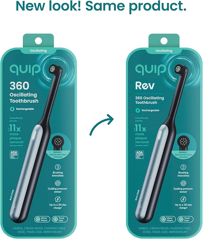 Quip Rev 360 Oscillating Rechargeable Electric Toothbrush with Replaceable Brush Head - Soft Bristles, Pressure Sensor, 3 Intensities, 30-Day Battery Life, Travel Case - Blue Stone