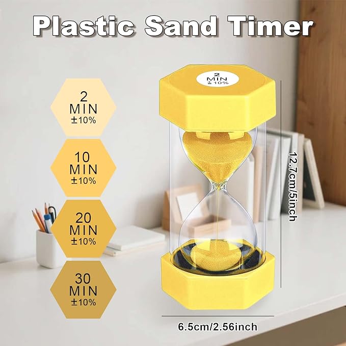 2 Minute Sand Timer Hourglass, Unbreakable Hexagon Plastic Sand Clock Reloj De Arena 2 Minutos, Colorful Hour Glass Sandglass for Classroom Games Kitchen (Yellow)