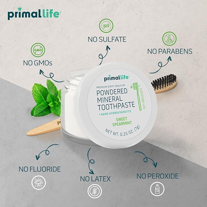 Primal Life Organics - Dirty Mouth Toothpowder, Tooth Cleaning Powder, Flavored Essential Oils with Natural Kaolin & Bentonite Clay, Good for 60+ Brushings, Organic, Vegan (Sweet Spearmint, 0.25 oz)