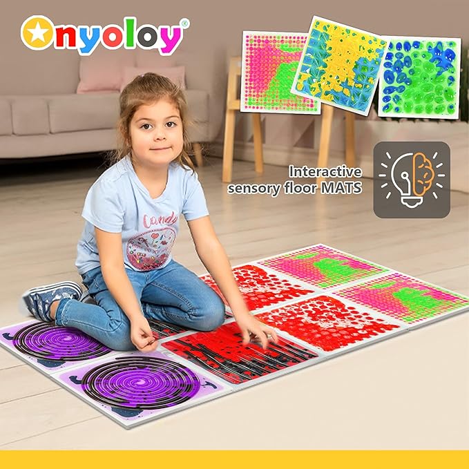 Textured Sensory Liquid Tile - Set of 6 Square Lava Tiles, Sensory Mat for Ages 3 to Adult, 12" x 12", Red