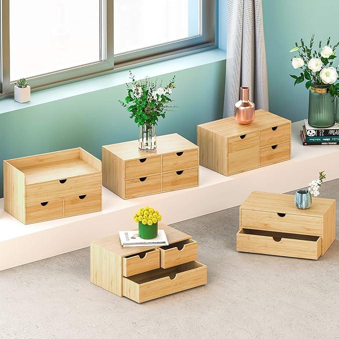 Wisuce Bamboo Desk Organizer, Mini Desktop Drawer Tabletop Storage Organization Box for Office Home Toiletries Supplies Vanity, No Assembly Required (3 Drawer with Shelf)