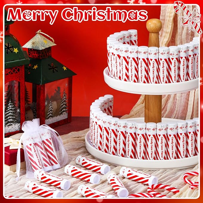 100 Pack Christmas Lip Balms Bulk Christmas Candy Peppermint Cane Scented Holiday Flavor Lip Balm Gifts Xmas Party Gifts Bulk Xmas Items Stocking Stuffers for Women Men Staff Employee (Candy)
