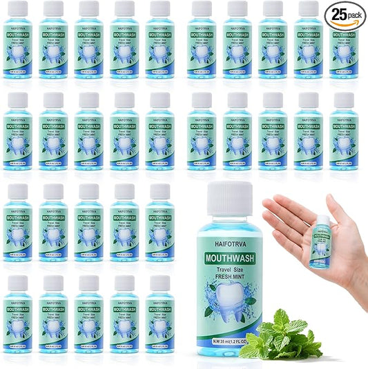 25 Pcs Mini Mouthwash Travel Size Bulk,Blue Portable Mint Flavor Mini Mouthwash Individual 35ml/1.2oz On The Go Mouth Wash Small Bottle for Travel,Office,Toiletry Kits